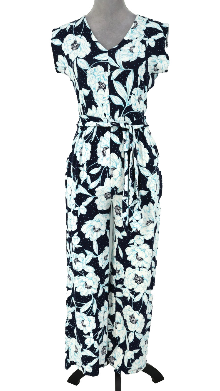 Loft Jumpsuit Petites XSP PXS Blue Floral Stretch Elastic Waist Belt Pockets New